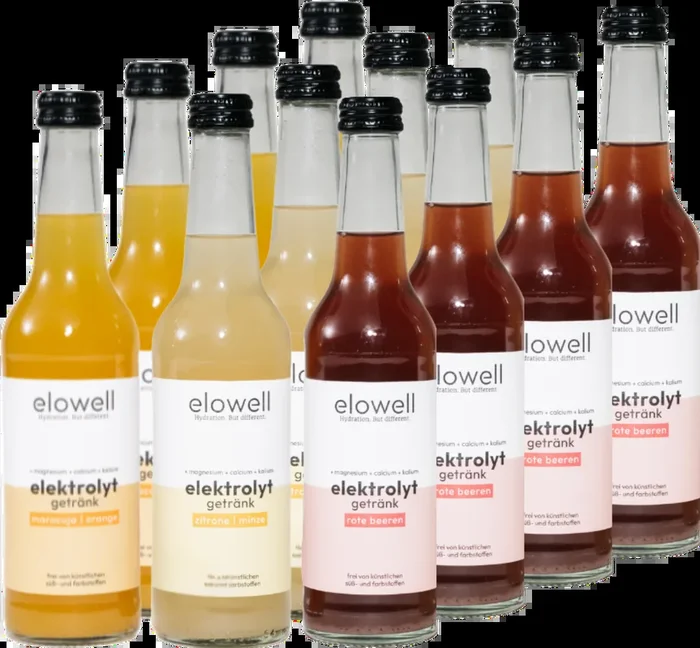 12x Flaschen elowell Probierpaket – Elektrolytgetränke (4x Maracuja-Orange + 4x Zitrone-Minze + 4x Rote Beeren)