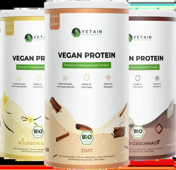 3er Bundle Vetain veganes Proteinpulver (1x Zimt + 1x Kakao + 1x Vanille)