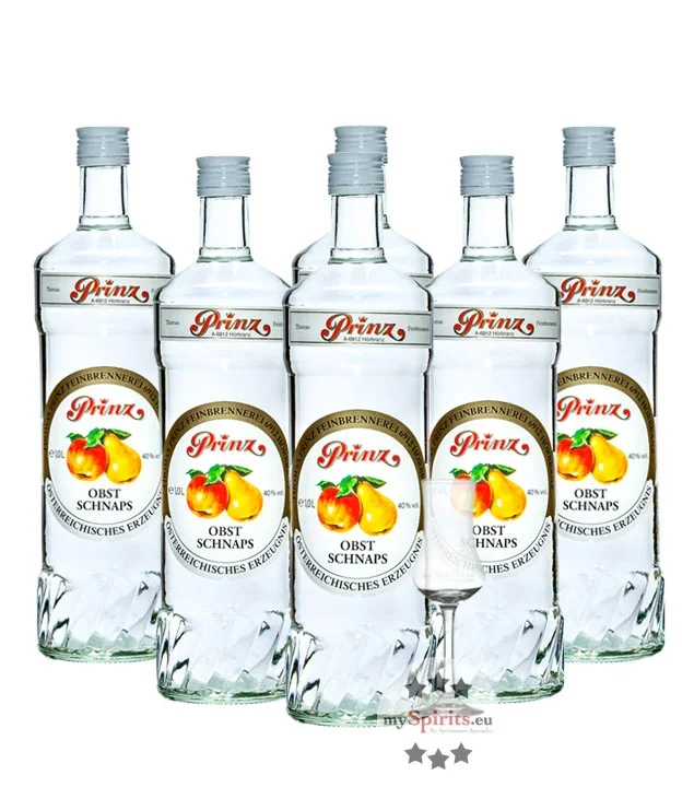 6 x Prinz Obstschnaps 40% + gratis Schnapskelch