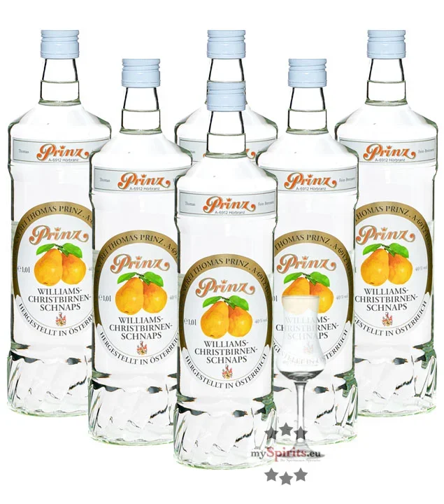 6 x Prinz Williams-Birnen Schnaps + gratis Schnapskelch