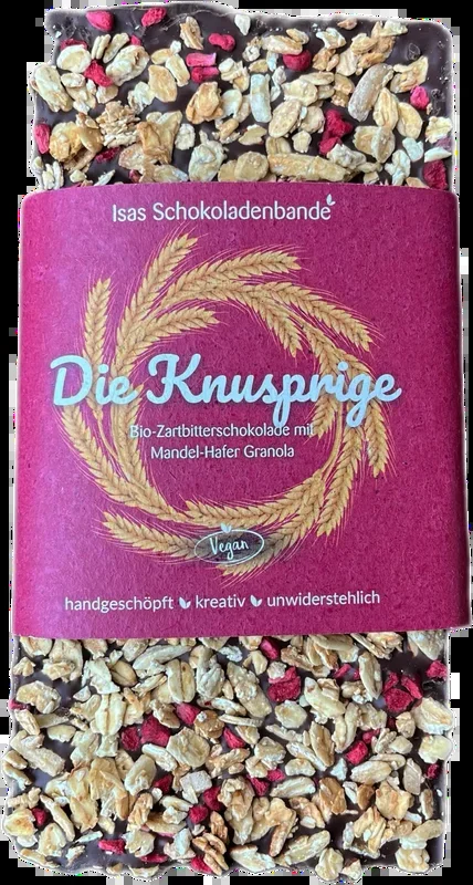„The crunchy one“ – Vegan organic dark chocolate with almond-oat granola and raspberries
