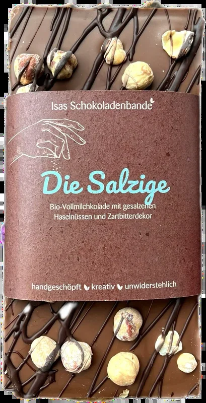 „Die Salzige“ – organic whole milk chocolate with salted hazelnuts and dark chocolate decoration