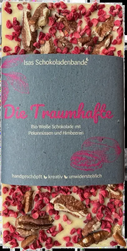 „Die Traumhafte“ – Weiße Bio-Schokolade mit Pekannüssen und Himbeeren