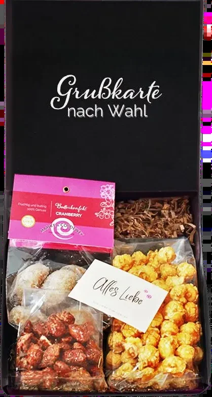 All the best gift box (1x fairground almonds + 1x cranberry butter confectionery + 1x caramel popcorn + 1x greetings card)