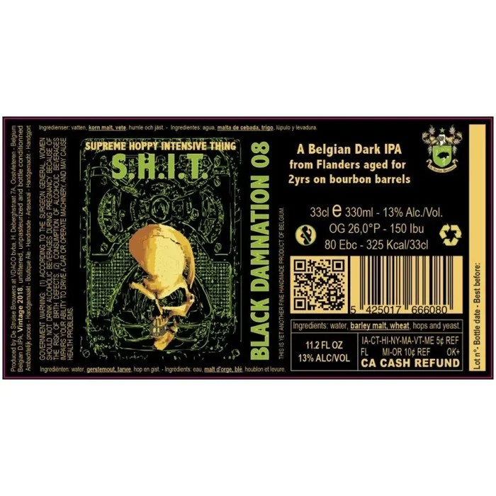 BELGIA STRUISE S.H.I.T Supreme Hoppy Intensive Thing BLACK DAMNATION 08 Ein belgisches dunkles IPA aus Flandern, das 2 Jahre lang auf Bourbon-Fässern gereift ist
