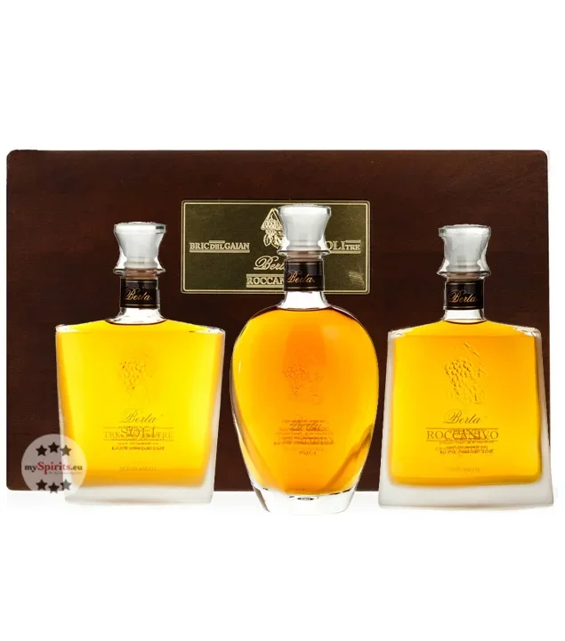 Berta Set 3 x Grappa in Holzkiste – Roccanivo, Bric del Gaian, Tre Soli Tre