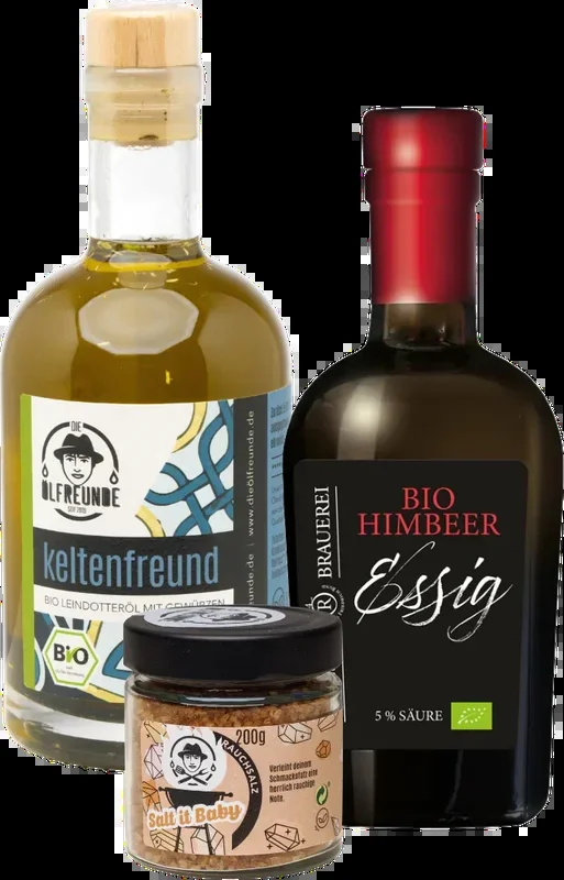 Bio Salat Trio (1x Leindotteröl mit Gewürzen + 1x Himbeeressig + 1x Rauchsalz)