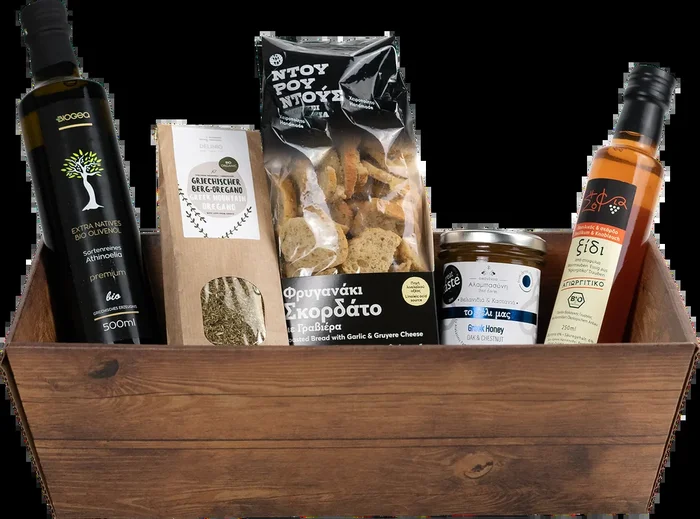 Biogea Geschenkkorb Peloponnes (1x Olivenöl + 1x Rotweinessig + 1x Oregano + 1x Brotsnacks + 1x Honig)