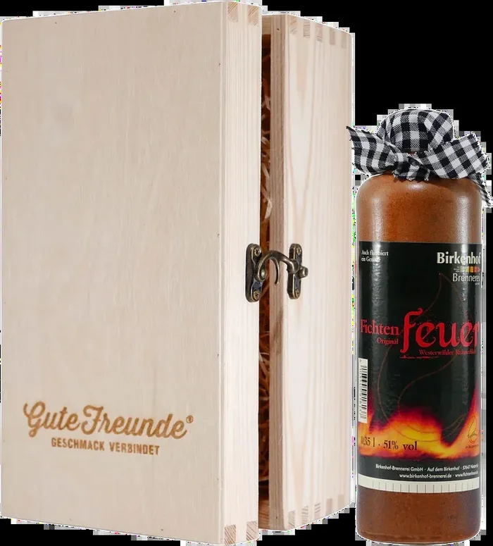 Birkenhof Fichtenfeuer herbal liqueur with wooden gift box