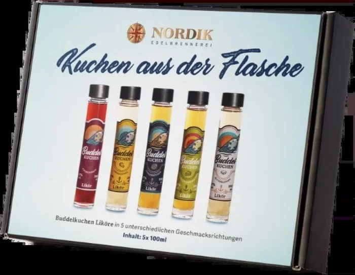 Buddelkuchen tasting package (1x cheesecake liqueur + 1x Franzbrötchen liqueur + 1x apple pie liqueur + 1x nut corner liqueur + 1x chocolate cherry pie liqueur)