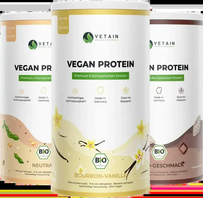 Bundle of 3 Vetain vegan protein powder (1x neutral + 1x cocoa + 1x vanilla)