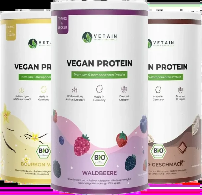 Bundle of 3 Vetain vegan protein powder (1x wild berry + 1x cocoa + 1x vanilla)