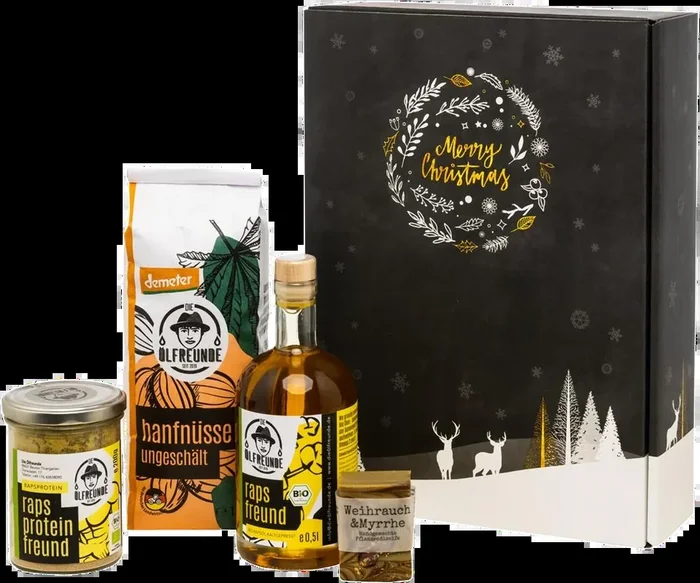 Christmas box Sweet Christmas (1x organic camelina oil + 1x rapeseed protein powder + 1x yeast plait baking mix + 1x fir honey + 1x gingerbread spice)