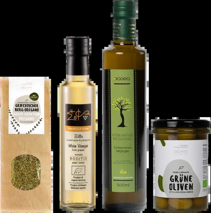 Christmas hamper „Greek salad“ (1x olive oil + 1x mandarin vinegar + 1x green olives + 1x oregano)