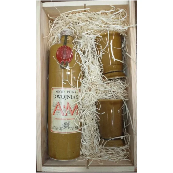 DOUBLE MEAD AM 16% 750ml, 2 CERAMIC MUGS AND A WOODEN BOX Jaros Apiary