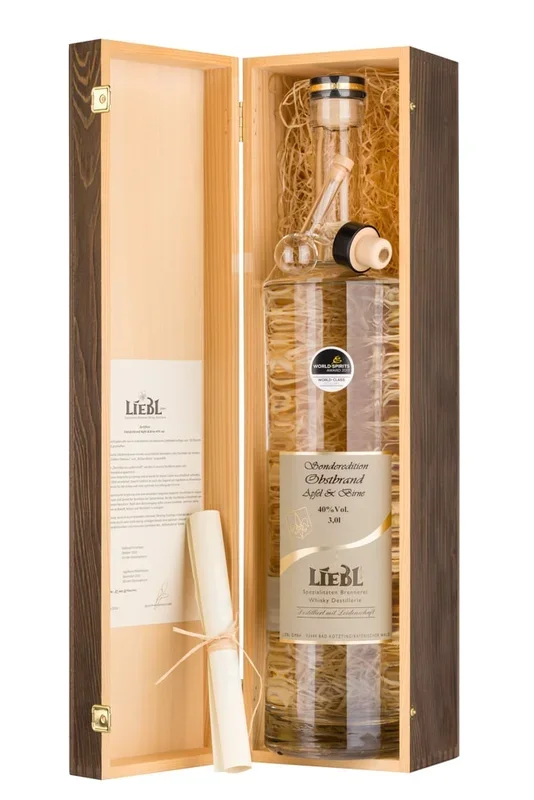 Edelobstbrand Apfel & Birne 40% vol. in der 3,0l Flasche (inkl. Zertifikat, Holzschatulle und Glasportionierer)