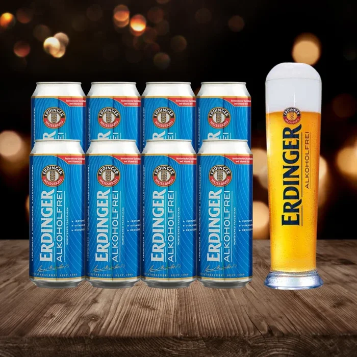 Erdinger Alkoholfrei German Alcohol Free Wheat Beer 500ml Cans with Free ERDINGER Glass – 0.5% ABV (8 Pack)