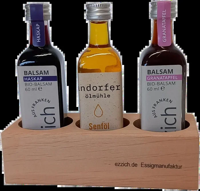 ezzich Geschenkset – Bio Essig Set (1x Granatapfel Balsam + 1x Haskap Balsam + 1x Senföl)