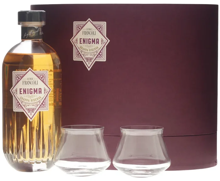 Francoli Grappa Riserva Enigma Geschenkpackung mit 2 Gl�sern 0,7 Liter 40 % Vol.