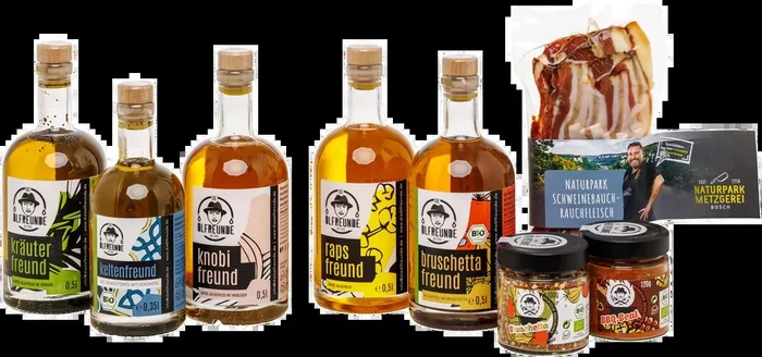 Gourmet set (4x rapeseed oil + 1x camelina oil + 2x spice mix + 1x smoked meat)