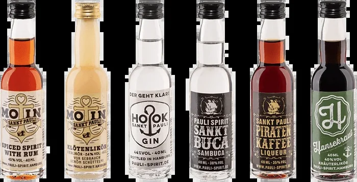 Lütten-Probierset „Pauli Spirit“ von der Reeperbahn (Rum + Gin + Eierlikör + Kräuterlikör + Anis-Kaffeelikör + Sambuca)