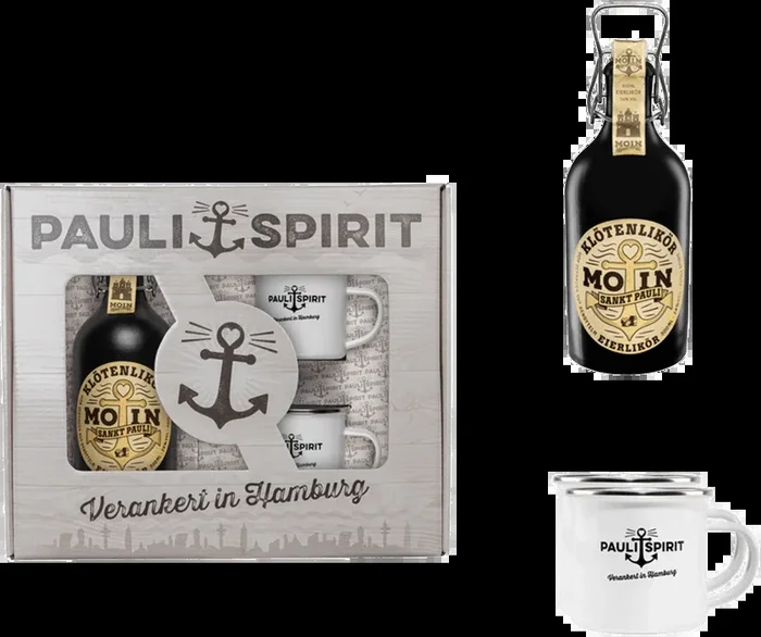 Geschenkset MOIN Klötenlikör Eierlikör mit 2 Emaille Bechern