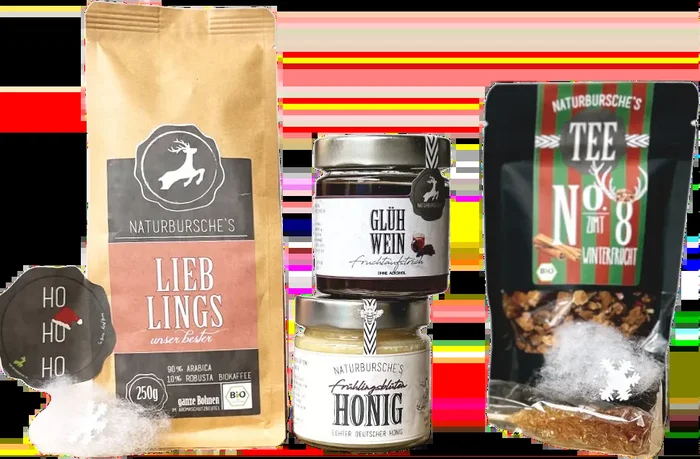 Naturbursche Gourmetbox Weihnachtsfrühstück (1x Fruchtaufstrich + 1x Honig + 1x Tee + 1x Kaffee)