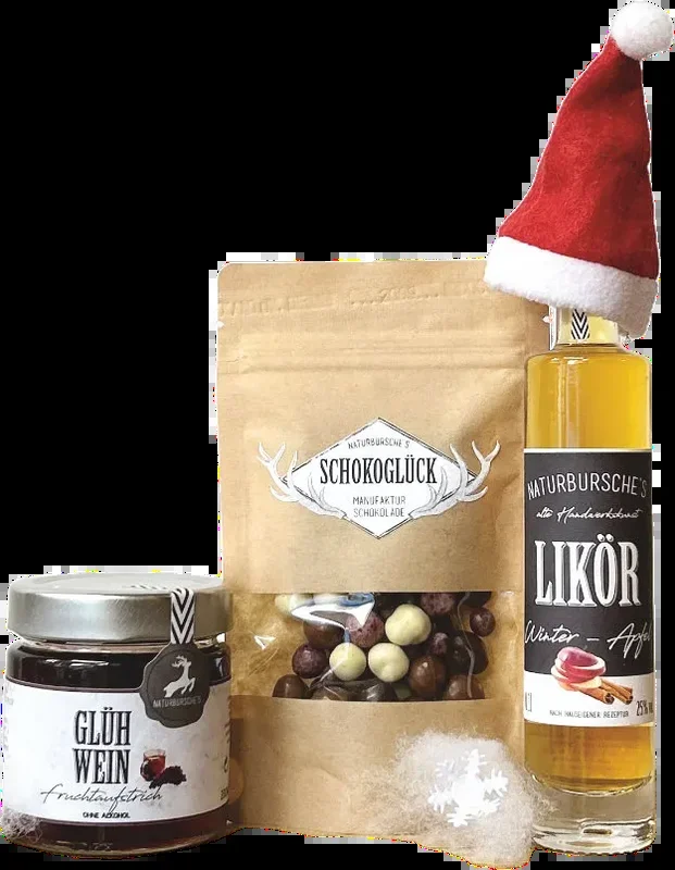 Naturbursche Große Wichtelbox (1x Winterapfel Likör + 1x Glühwein Aufstrich + 1x Schoko Beeren)