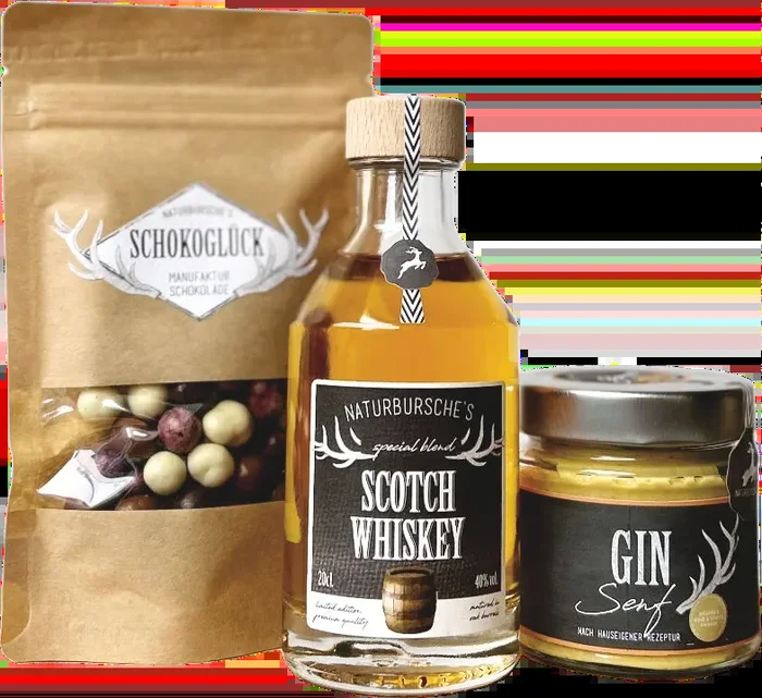 Naturbursche Whiskey Lover Box (1x Chocolate Berries + 1x Scotch Whiskey + 1x Gin Mustard)