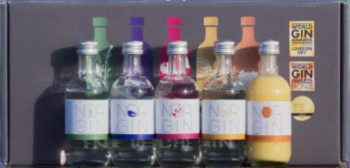 NORGIN Probierbox (1x London Dry Gin + 1x Cherry & Mint Gin + 1x Orange & Almond Gin + 1x Salty Gin + 1x Eierlikör)