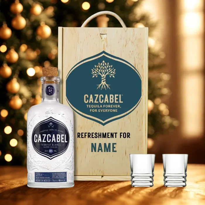 Personalised Cazcabel Blanco Tequila with Shot Glasses Gift Set – 70cl (38% ABV)