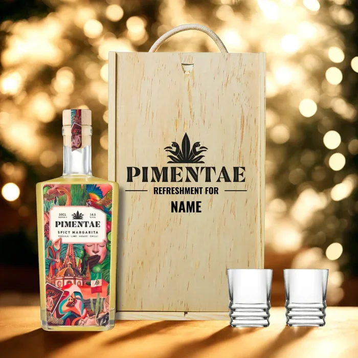Personalised Pimentae Spicy Margarita Tequila with Shot Glasses Gift Set – 50cl (14.5% ABV)