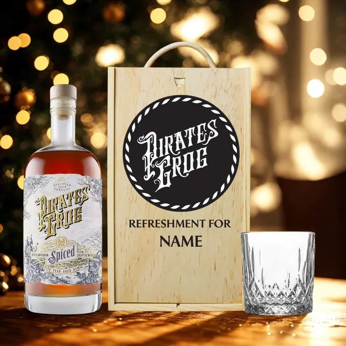 Personalised Pirate’s Grog Spiced Rum with Glass in Wooden Box Gift Set