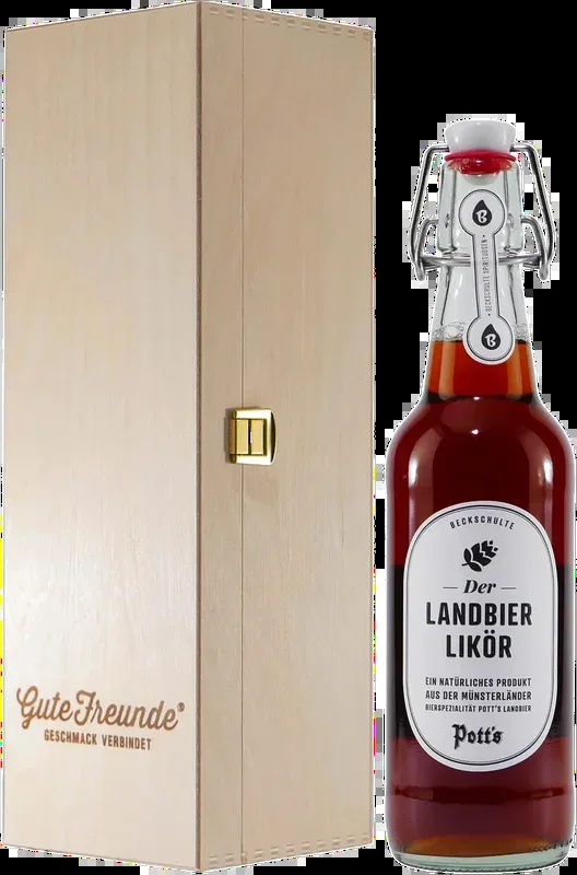 Pott’s Landbier-Likör mit Geschenk-Holzkiste