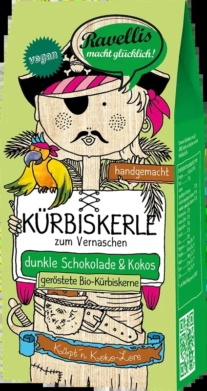 Ravelli’s Pumpkin Seeds – Captain Koko-Lore – Organic Pumpkin Seeds with Dark Chocolate & Coconut
