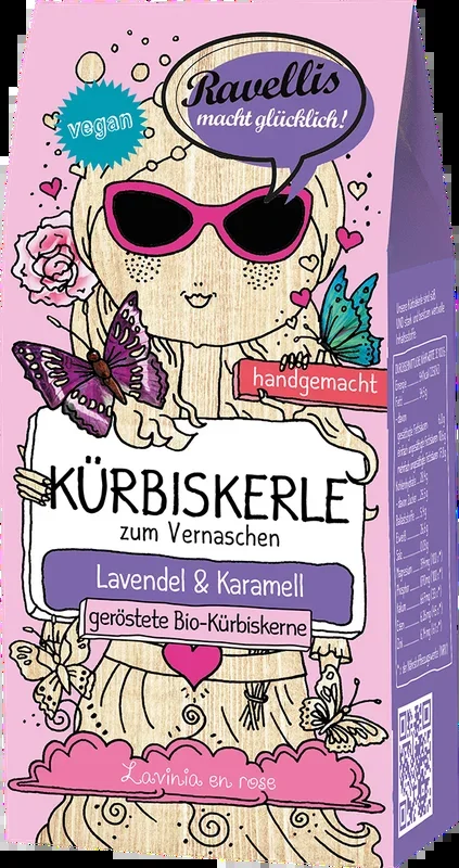 Ravellis Kürbiskerle – Lavinia en rose – Bio-Kürbiskerne mit Lavendel & Karamell