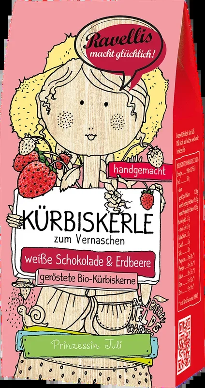 Ravellis Kürbiskerle – Prinzessin Juli – Bio-Kürbiskerne mit weißer Schokolade & Erdbeere