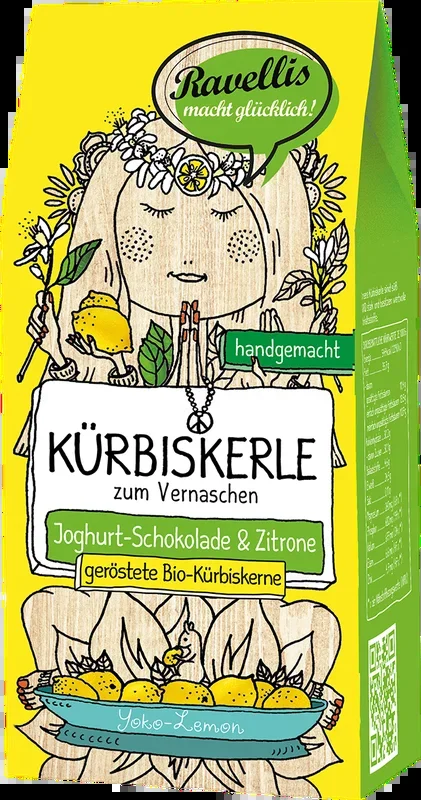 Ravellis Kürbiskerle – Yoko-Lemon – Bio-Kürbiskerne mit Joghurt-Schokolade & Zitrone