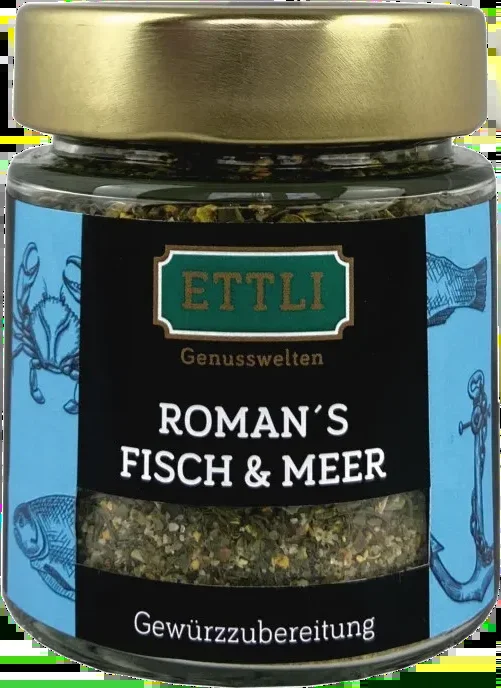 Roman’s fish & sea spice preparation in a screw-top jar
