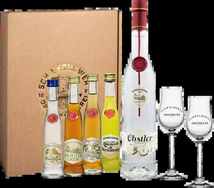 Schwechower Obstler Geschenkset mit Gläsern (2x Brände + 3x Likör + 2 Aromagläser)