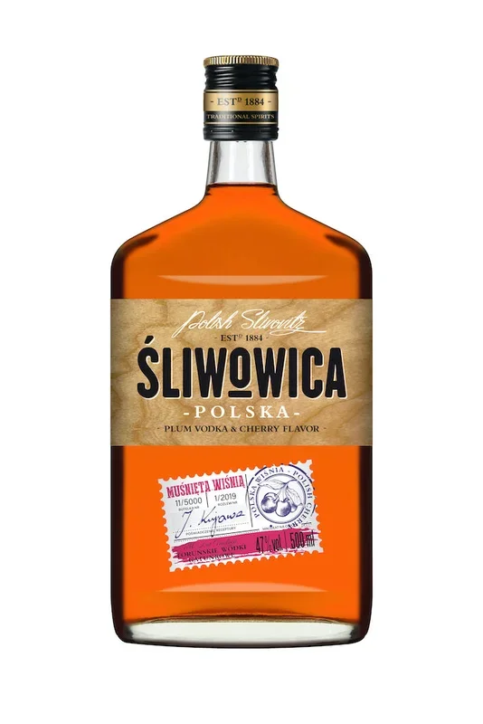 Slivovitz mit Kirscharoma, Sliwowica Polska. 0,5 l, alc. 47 % vol.