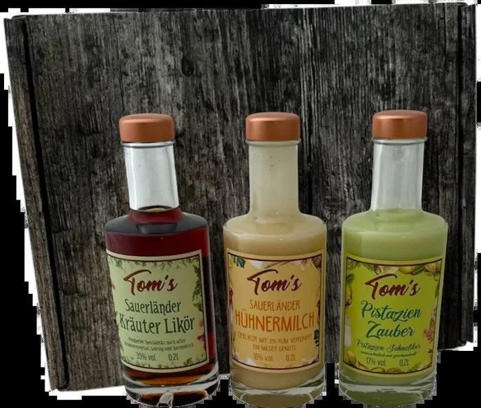 Tom´s Sauerländer Likör-TRIO in Geschenkbox (1x Kräuterlikör + 1x Eierlikör + 1x Pistazienlikör)