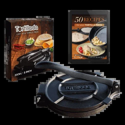 Tortilla Presse Tortillada 20 cm aus Gusseisen für selbstgemachte Tortillas + Rezept eBook