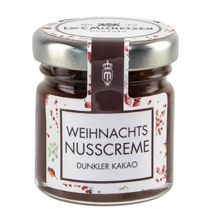 Weihnachts-Haselnuss-Creme mit dunklem Kakao im Miniatur-Glas