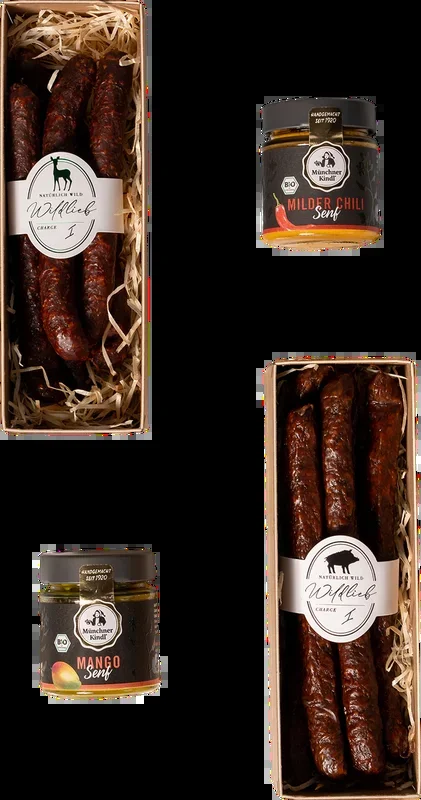 Wildlieb „Crunchy“ set (1x wild boar cracker + 1x chili venison cracker + 1x fig mustard + 1x mild chili mustard)