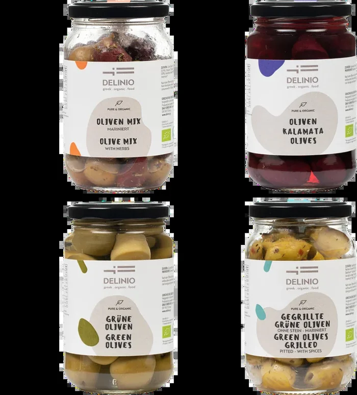 XXXXL Bio Oliven Paket – (6x Grüne Oliven + 6x Kalamata Oliven + 6x Oliven Mix + 6x Gegrillte grüne Oliven)