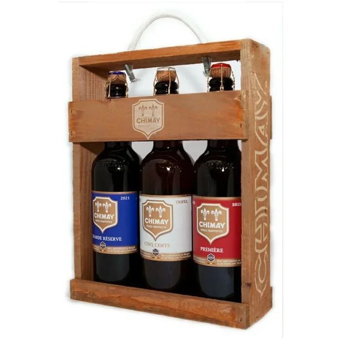 Zestaw Chimay w drewnianej skrzynce 3×750 ml (Blue, Red, Triple) – Belgia